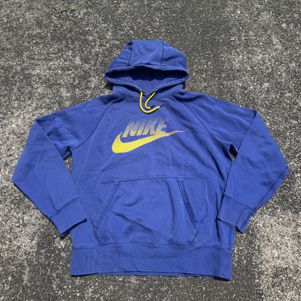 Nike Mens Hoodie Blue Yellow Graphic Logo Pullover Fleece Sweatshirt Small